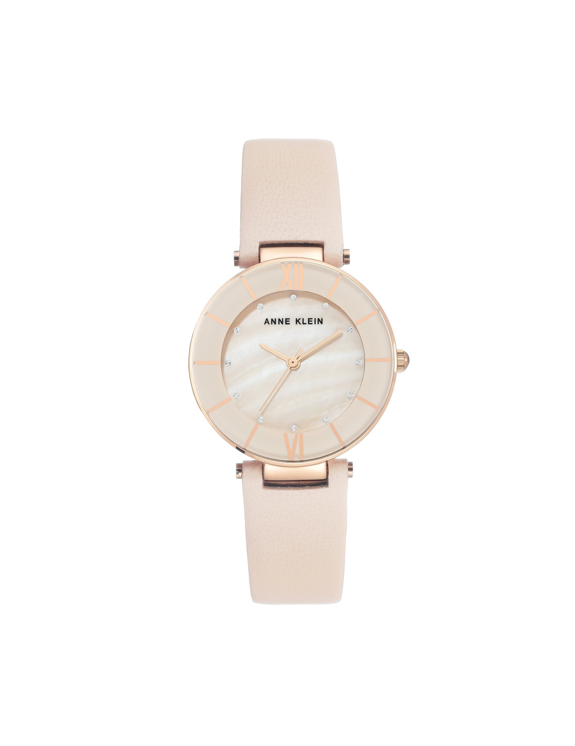 light pink rose gold-tone swarovski crystal accented leather strap watch