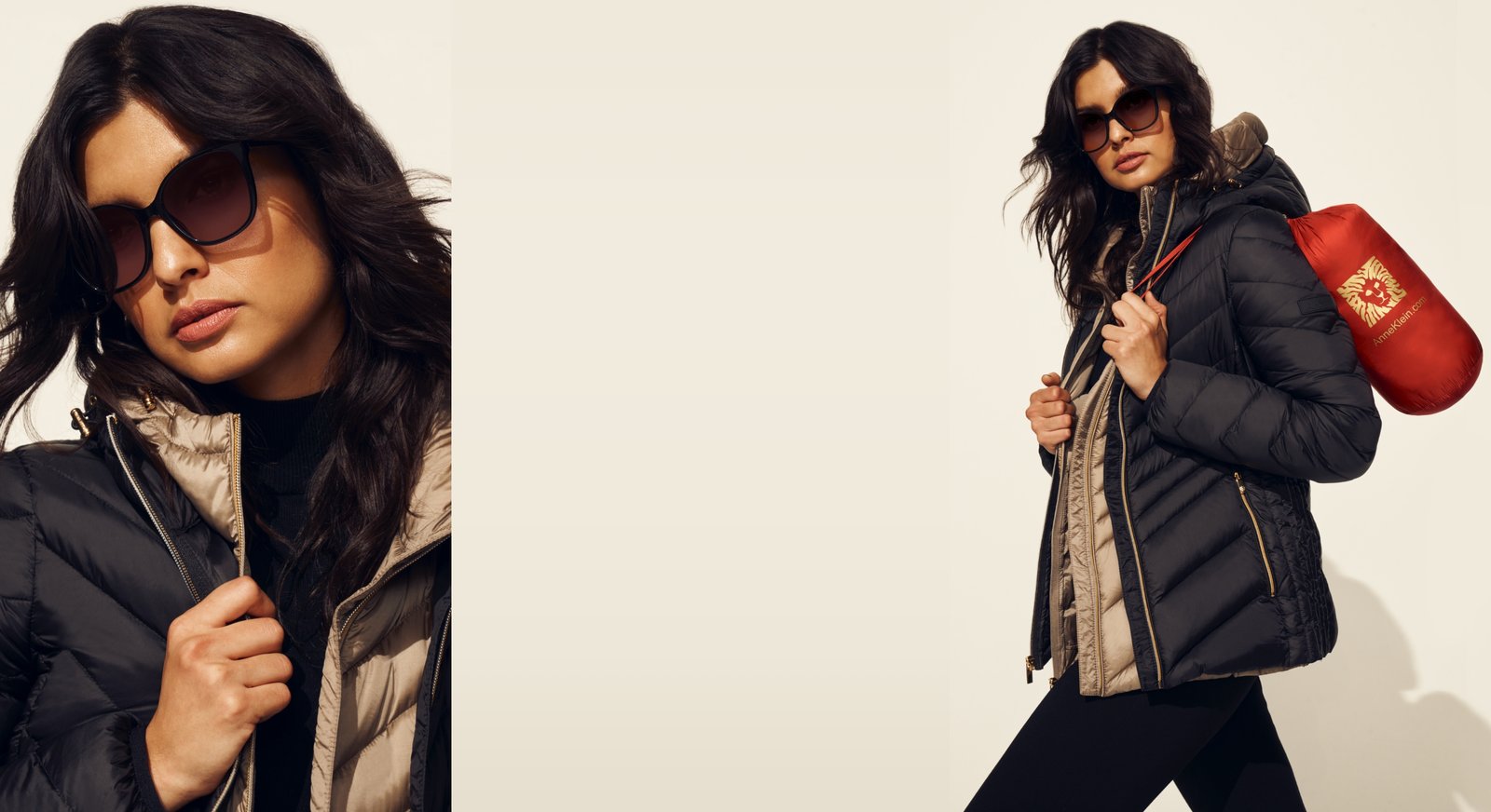 Anne Klein model close-up in sunglasses and the same model wearing 2 puffer jackets carrying a third packed jacket